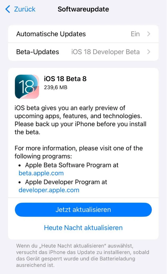 莒南苹果手机维修分享苹果 iOS / iPadOS 18 开发者预览版 Beta 8 发布 
